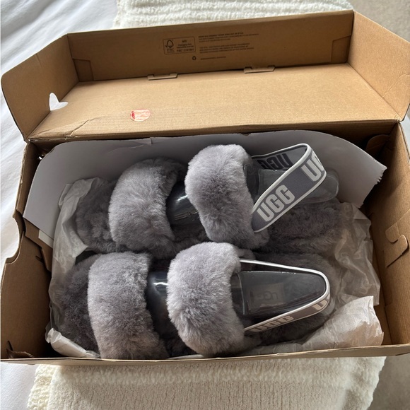 UGG Shoes - UGG Gray Fluffy Slide Sandals